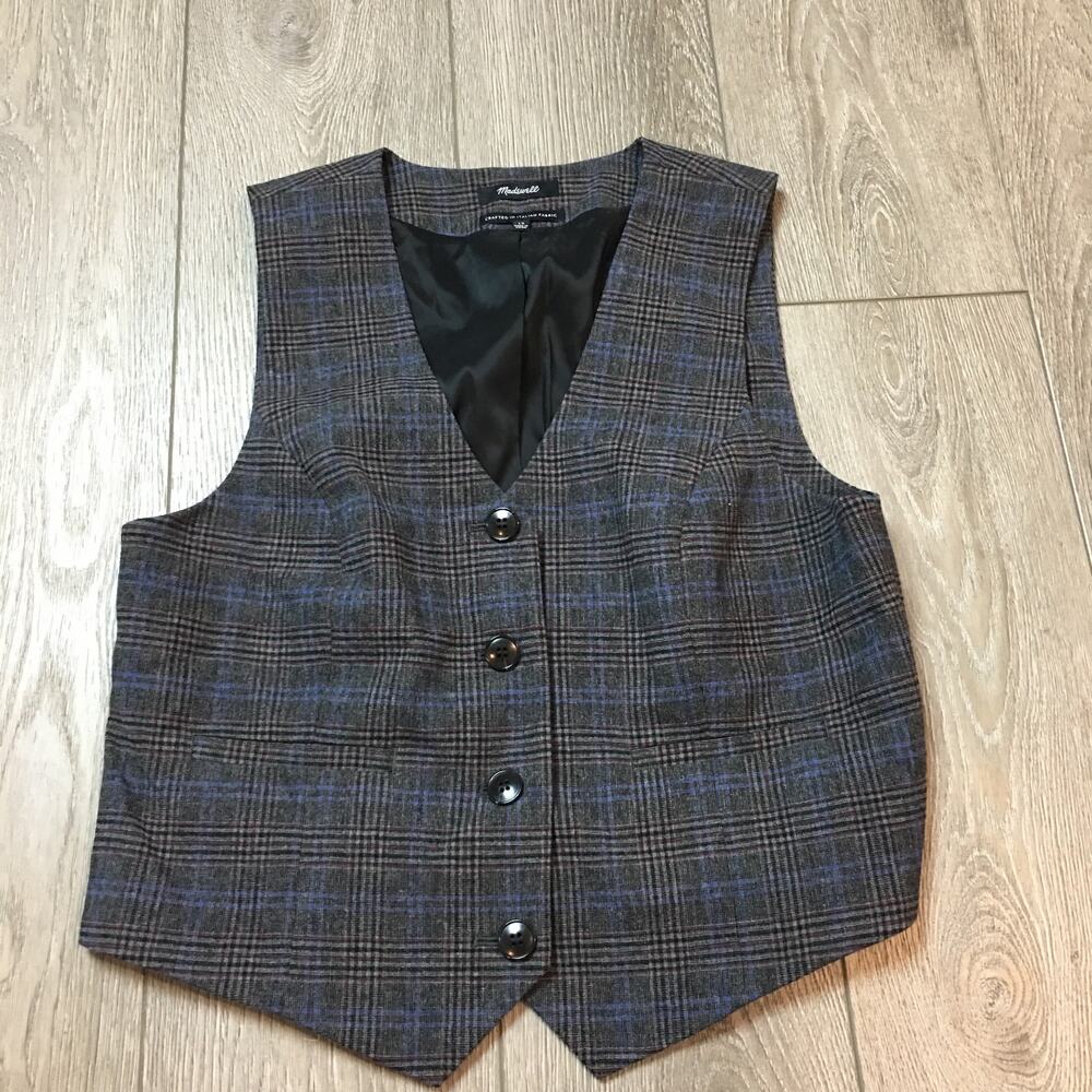 Madewell Wool-Blend Plaid Suiting Vest Women size 10 Italian Fabric